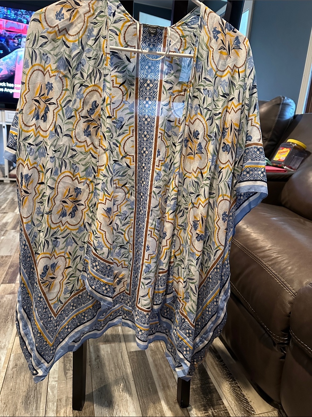 Ann Taylor Floral Borderprint Open Front Kimono in Blue and Yellow